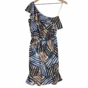 BANANA REPUBLIC Dress One Shoulder Ruffle Stripe Paint Swipe Abstract Size 0